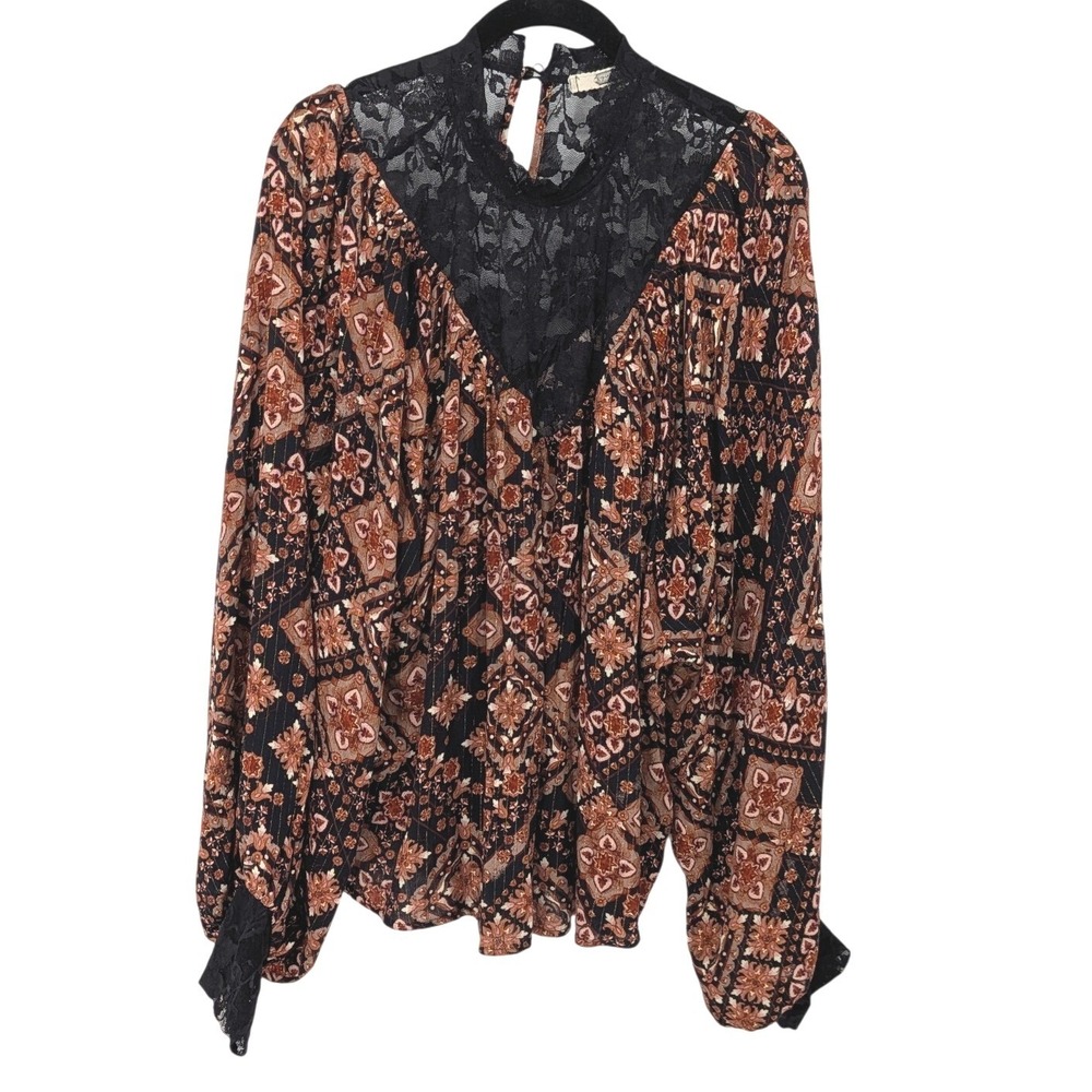 Gimmicks Black Lace Blouse Large Black Paisley Metallic Boho Dark Witchy Top